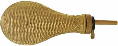 Powder Flask,
brass body, brass dispensing valve,
embossed Diamond or Basket Weave pattern
accepts 10-1mm threaded spouts